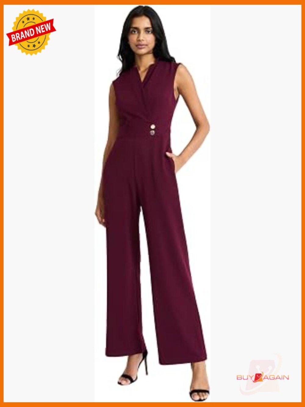 Sleeveless Wide-leg Jumpsuit with Wrap Bodice, V-Neck, Side Pockets, Zipper